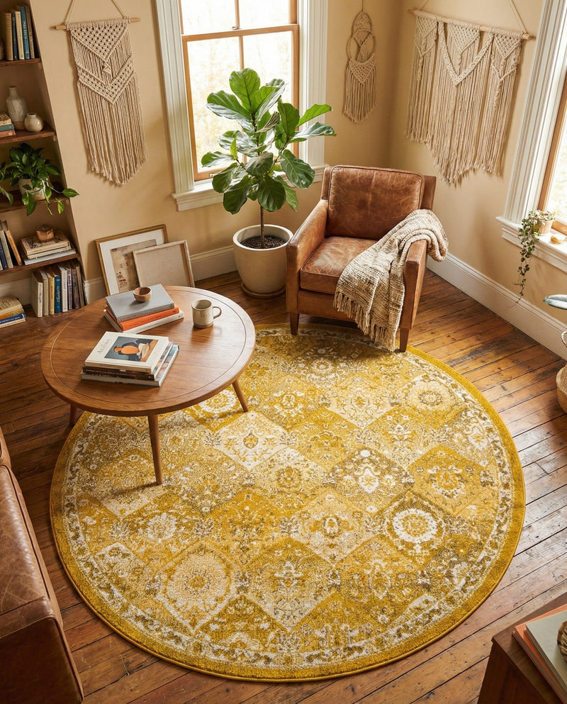 Brighton Terrace Collection Area Rug -  Rottingdean (Yellow) Round Yellow  lifestyle 35