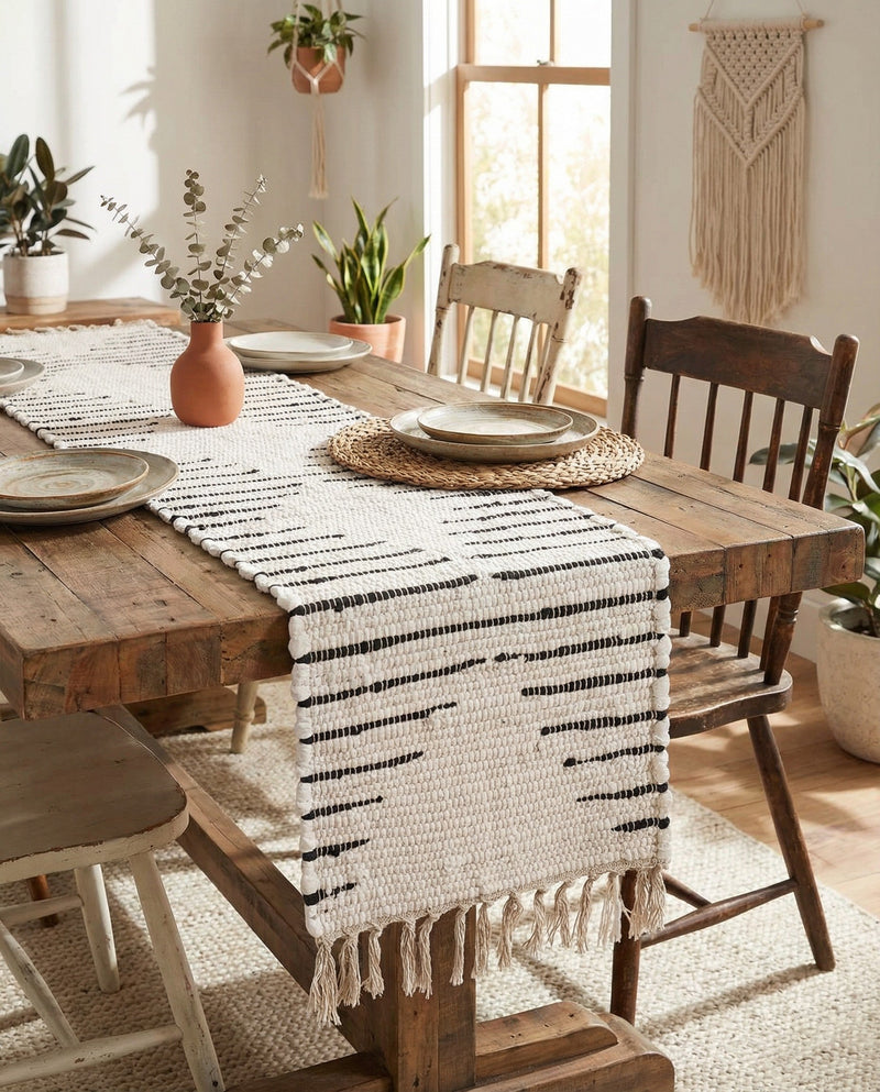 Thar Cotton Collection Area Rug - Jaisalmer (White) Table Runner White  lifestyle 73