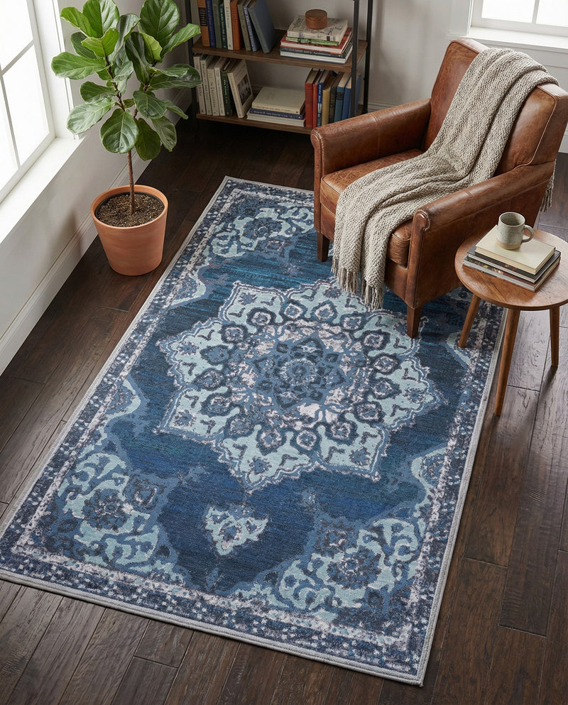 Baroque Era Collection Area Rug - Versailles (Navy Blue) Rectangle Navy Blue  lifestyle 10