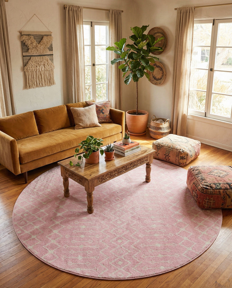 Mediterranean Lattice Collection Area Rug - Santorini (Pink) Round Pink  lifestyle 35