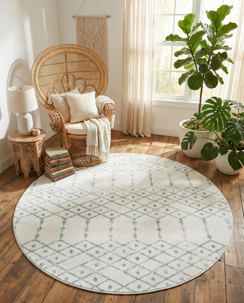 Marrakesh Lattice Collection Area Rug - Casablanca (Ivory Aqua) Round Ivory Aqua  lifestyle 67