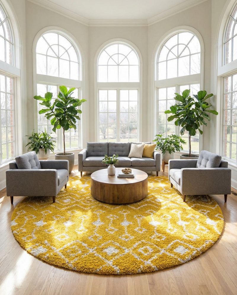 Berber Lattice Shag Collection Area Rug - Atlas (Yellow) Round Yellow  lifestyle 44