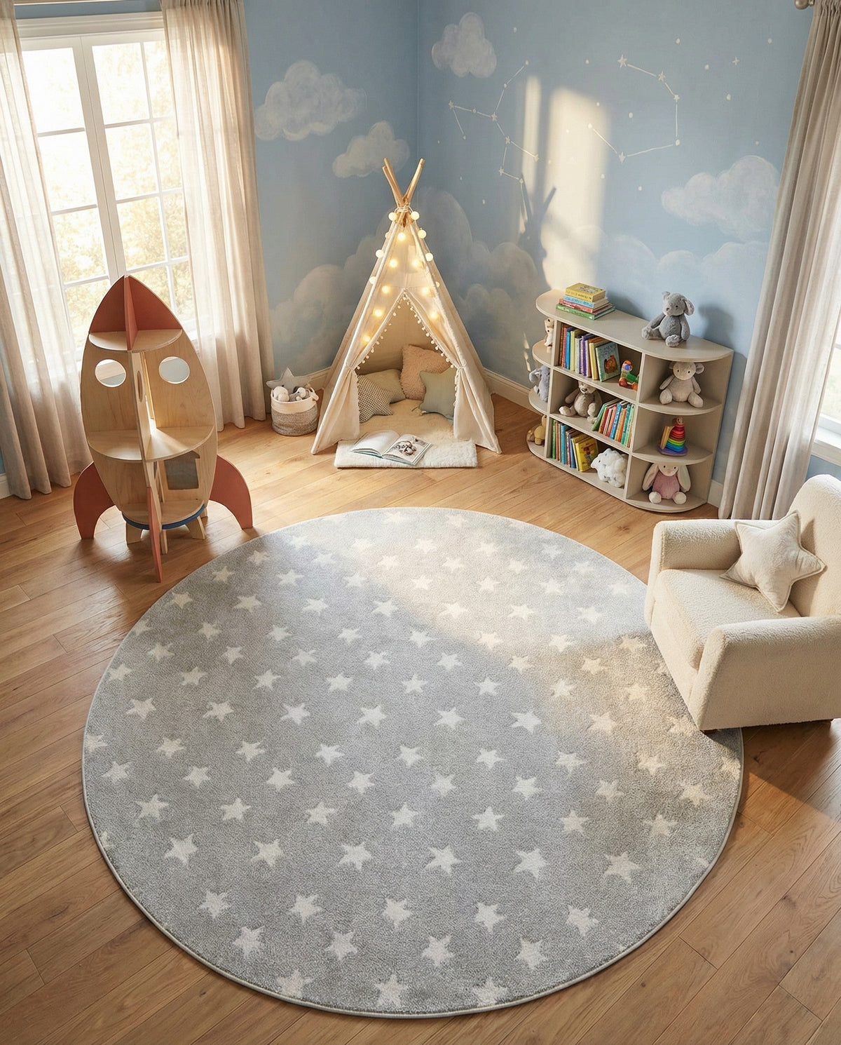 Wonder Tykes Collection Area Rug -  Mosaic Round Cloud Gray  lifestyle 169