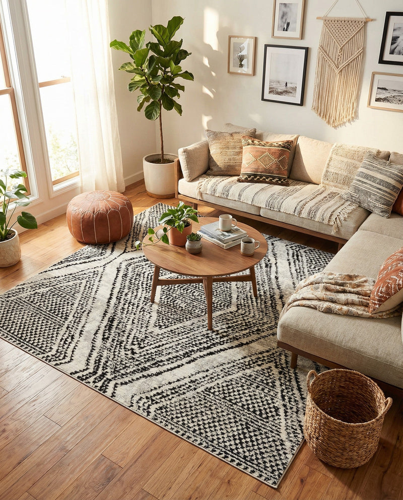 Marrakech Mosaic Collection Area Rug -  Medina Square Black and White  lifestyle 59