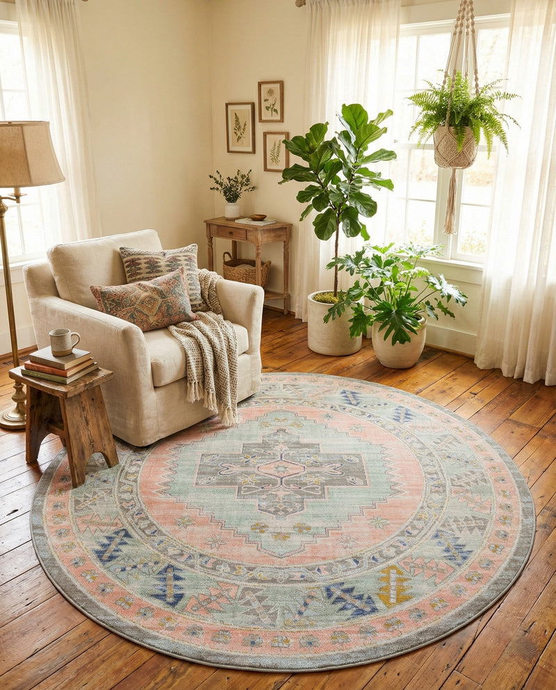 Savannah Series Collection Area Rug -  Augusta (Pink) Round Pink  lifestyle 67