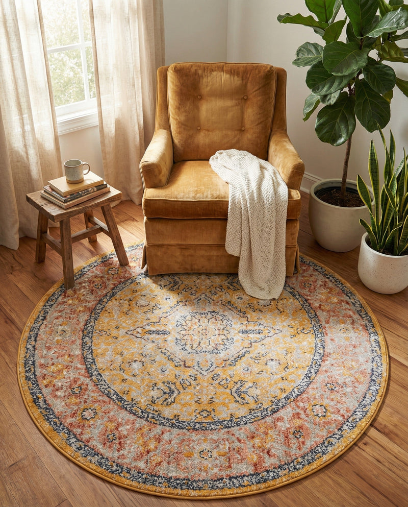 Seville Stripes Collection Area Rug - Cadiz (Yellow) Round Yellow  lifestyle 72