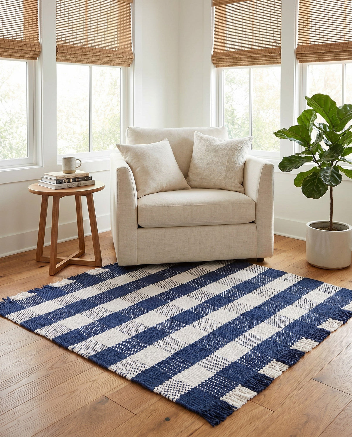 Sustainable Grid Indoor-Outdoor Oasis Collection Area Rug - Savannah Square Navy Blue  lifestyle 205