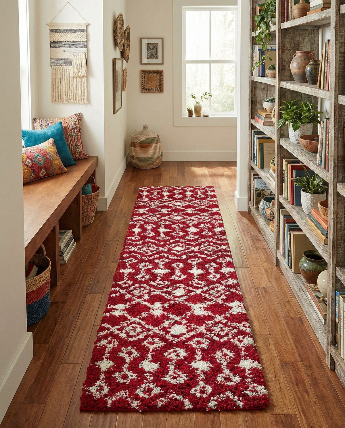 Berber Lattice Shag Collection Area Rug - Atlas (Burgundy Red) Runner Burgundy Red  lifestyle 58