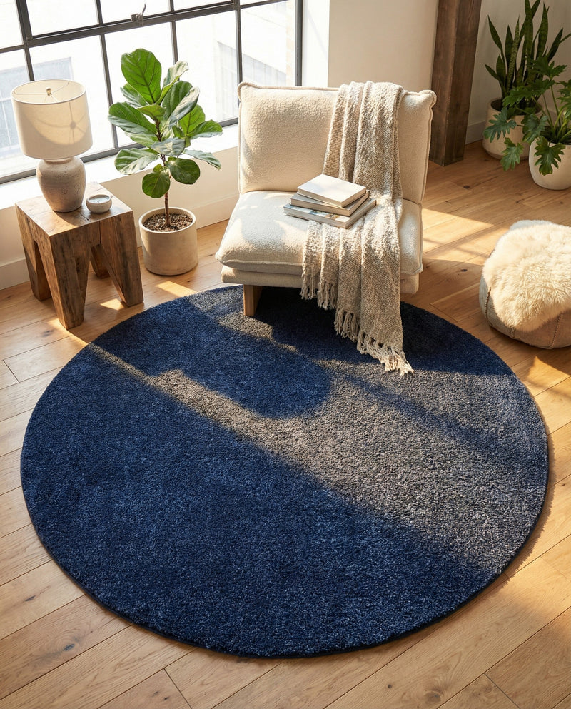 Solid Shag Seaside Collection Area Rug - Azure Cove (Navy Blue) Round Navy Blue  lifestyle 80