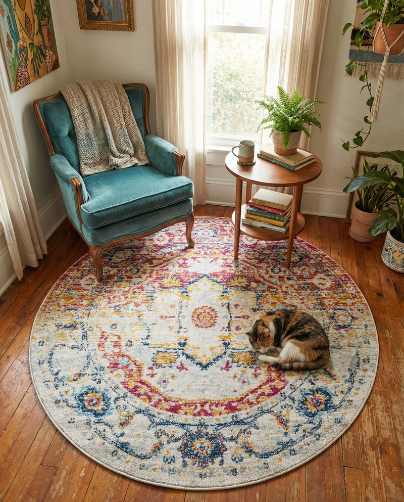 Parisian Elegance Collection Area Rug - Versailles (Pink Gray) Round Pink Gray  lifestyle 78