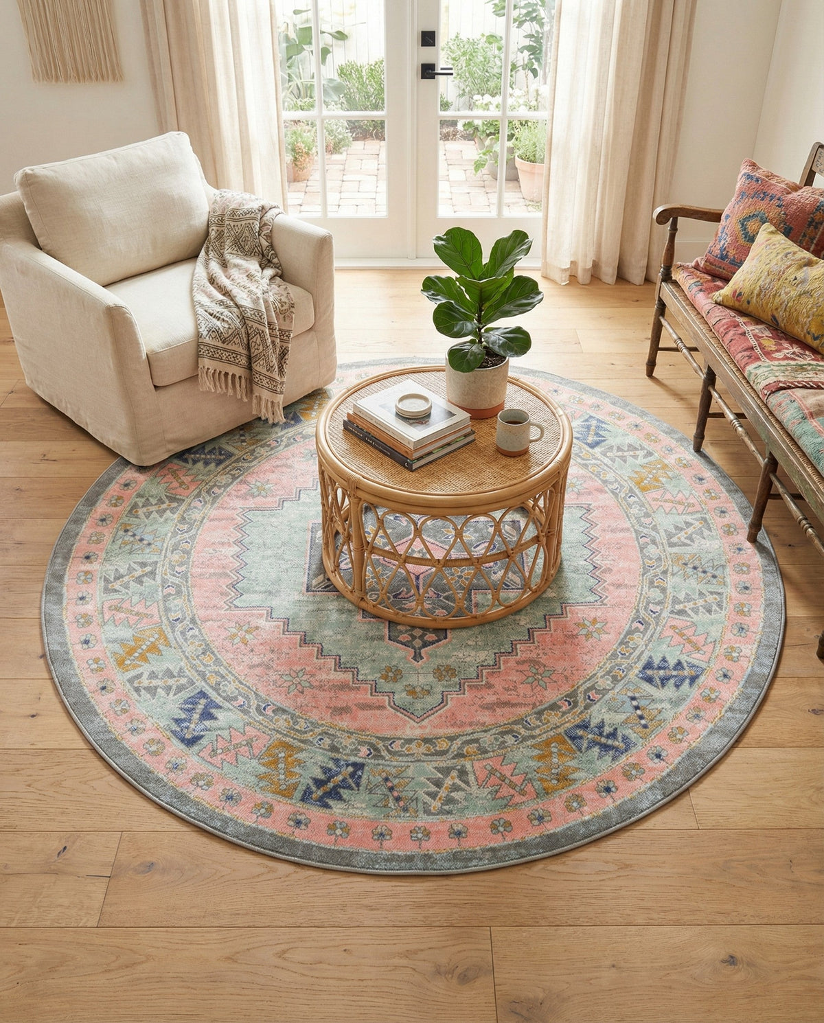 Savannah Series Collection Area Rug -  Augusta (Pink) Round Pink  lifestyle 113