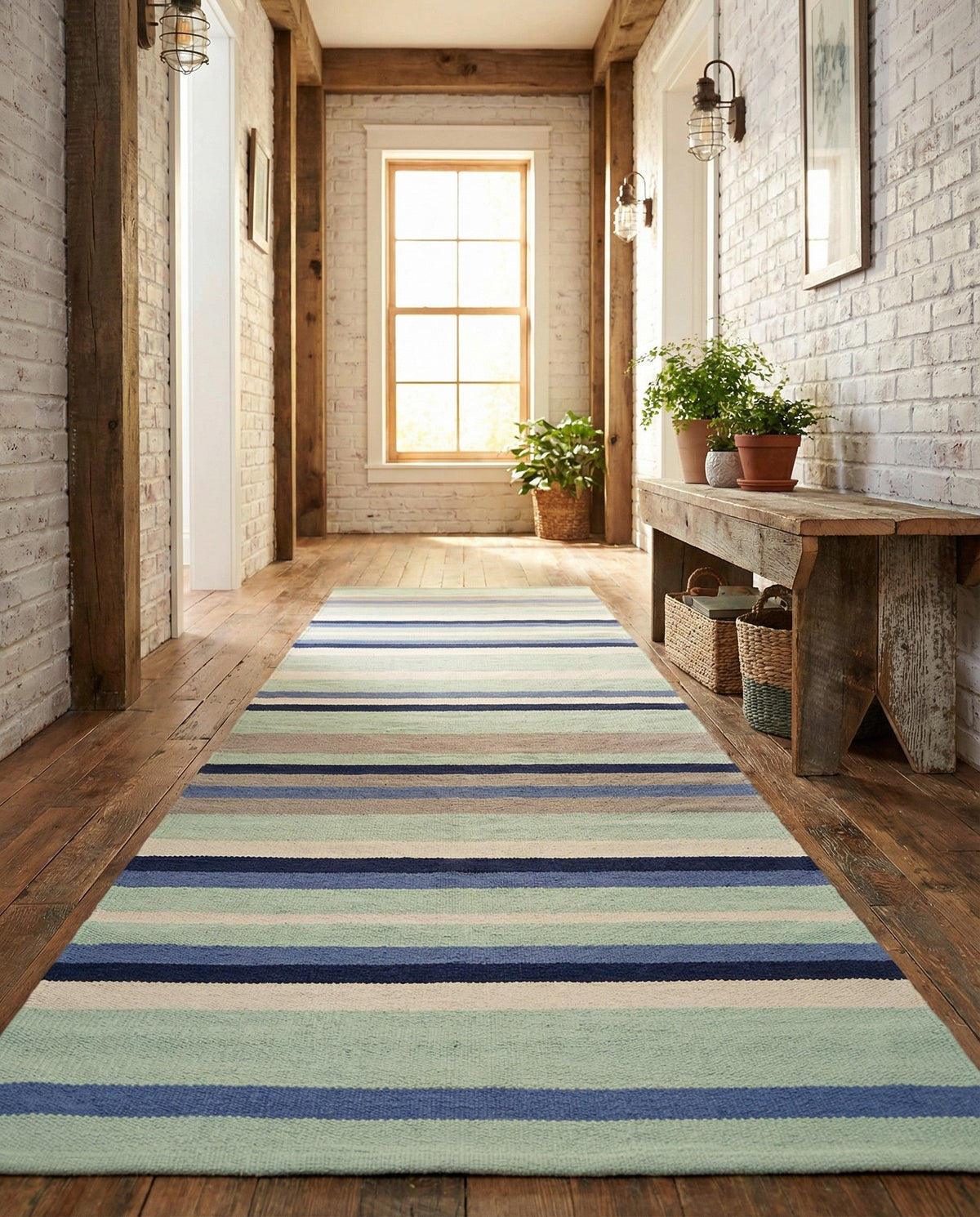 Coastal Stripe Dhurrie Collection Area Rug - Seashore Runner Aqua Blue and Gray  lifestyle 121