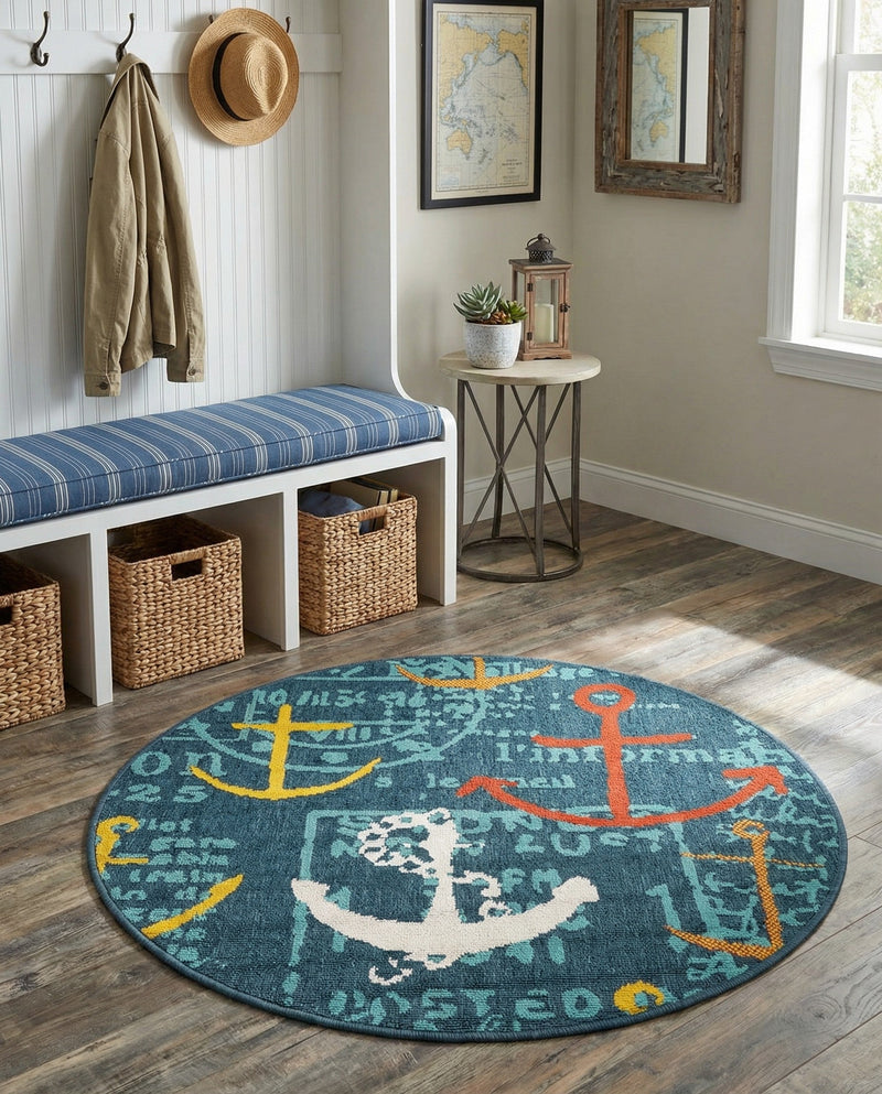 Seaside Haven Rugs Collection Area Rug -  Lighthouse Round Navy Blue  lifestyle 80