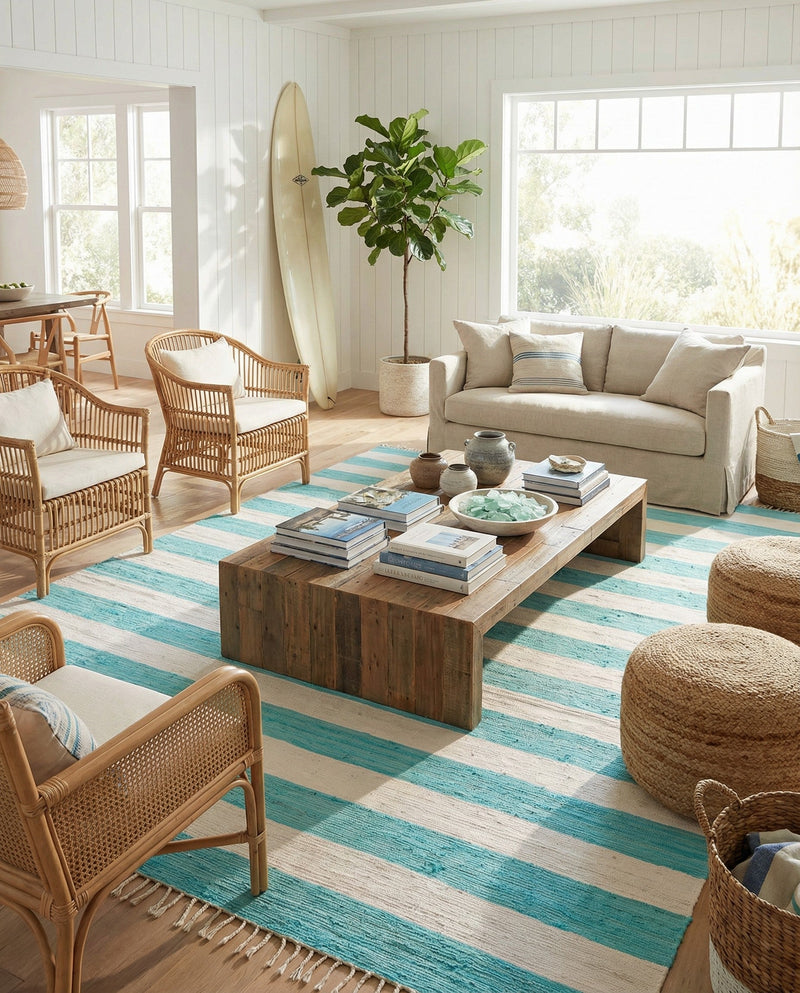 Tassel Trail Collection Area Rug - Pathway (Turquoise and Ivory) Rectangle Turquoise and Ivory  lifestyle 9