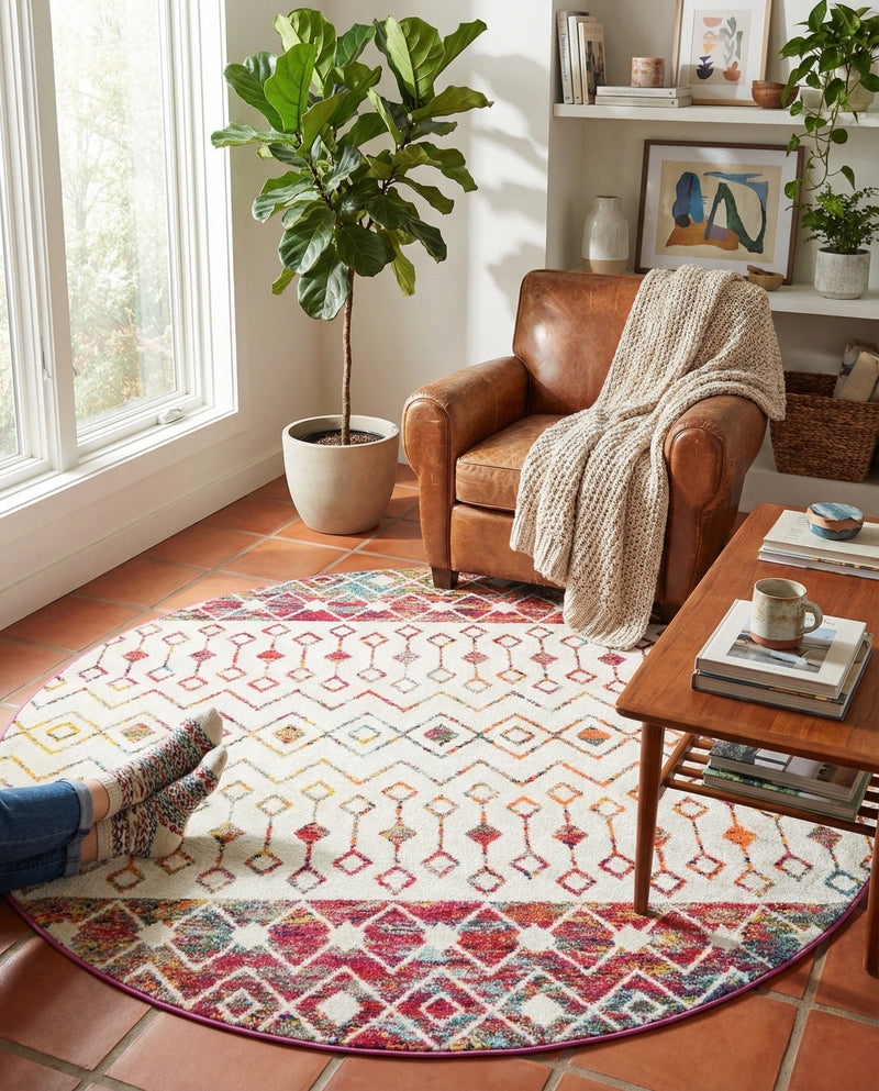 Mediterranean Lattice Collection Area Rug -  Casablanca (Ivory Multi) Round Ivory Multi  lifestyle 37