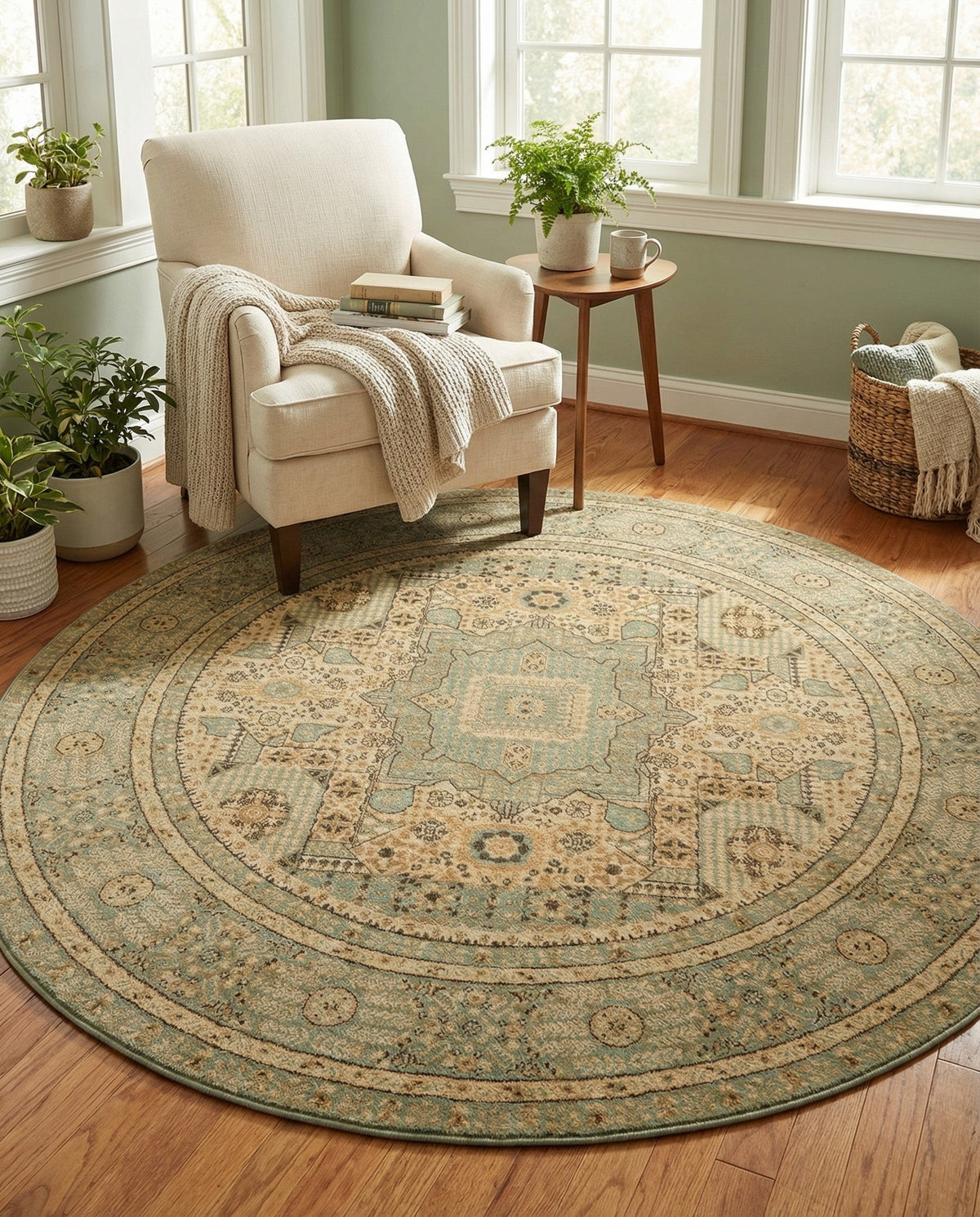 Ottoman Elegance Collection Area Rug - Sultan Round Light Green  lifestyle 166