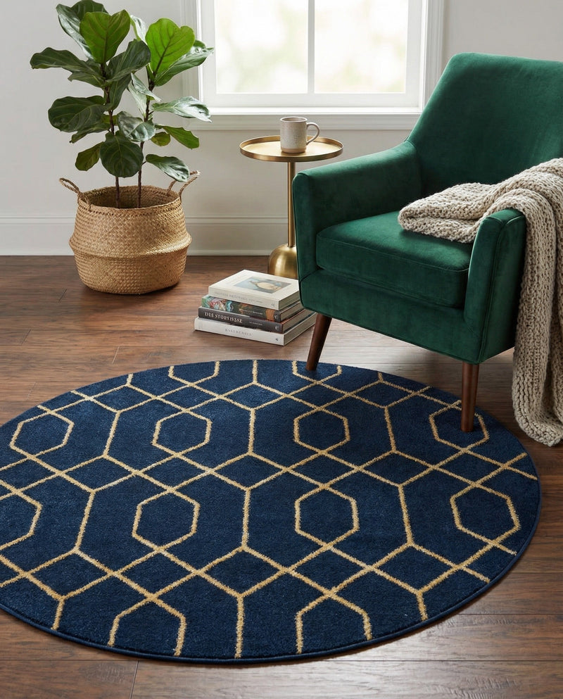 Hollywood Luxe Collection Area Rug - Sunset (Navy Blue Gold) Round Navy Blue Gold  lifestyle 53