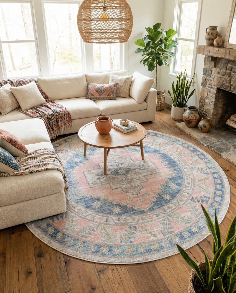 Savannah Series Collection Area Rug -  Augusta (French Blue) Round French Blue  lifestyle 52