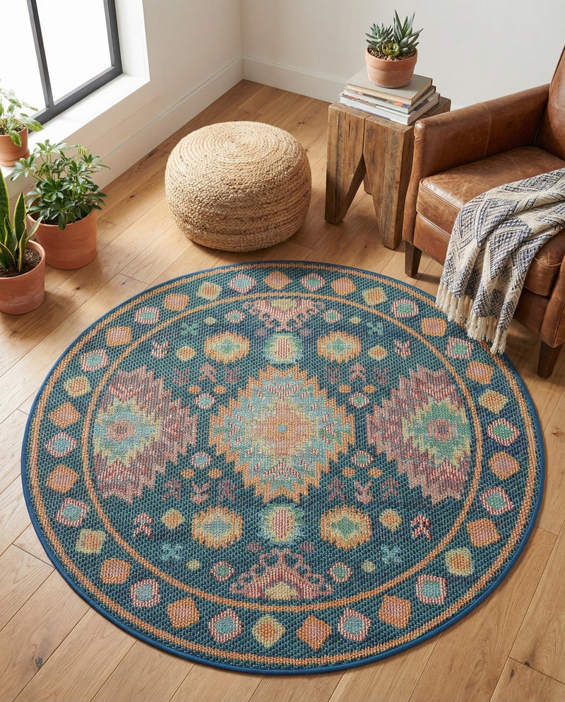 Coastal Terrace Collection Area Rug -  Dunes Round Navy Blue  lifestyle 78