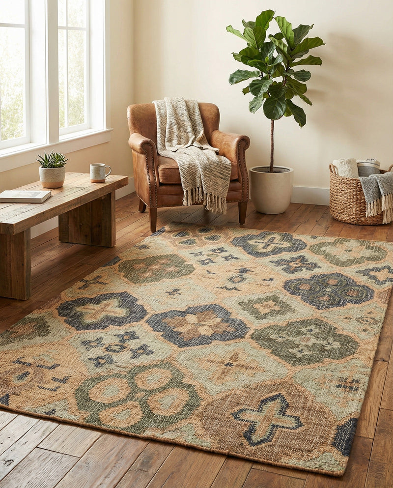 Benares Handwoven Jute Collection Area Rug - Ganges Rectangle Blue and Green  lifestyle 10
