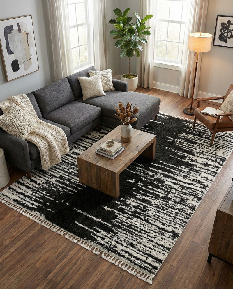 Tranquil Tides Shag Collection Area Rug - Marina Rectangle Black and White  lifestyle 42