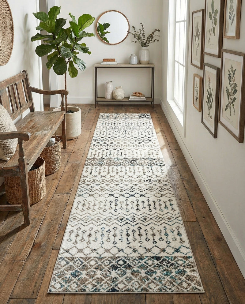 Mediterranean Lattice Collection Area Rug -  Casablanca (Ivory Gray Blue) Runner Ivory Gray Blue  lifestyle 67