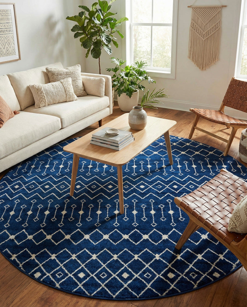 Mediterranean Lattice Collection Area Rug - Santorini (Navy Blue) Round Navy Blue  lifestyle 73