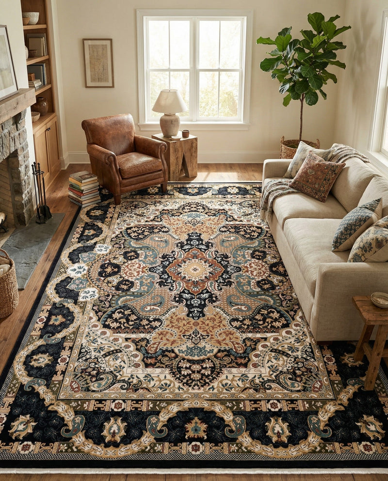 Persian Elegance Collection Area Rug -  Shiraz Rectangle Navy Blue  lifestyle 23