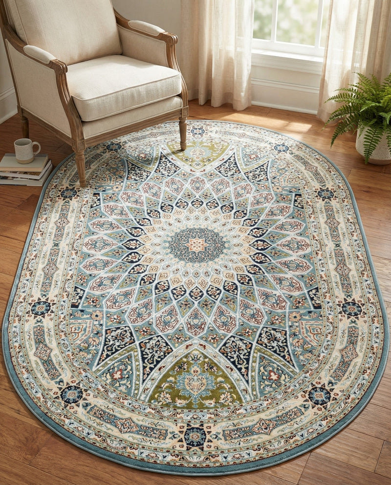 Persian Elegance Collection Area Rug -  Hamedan (Blue) Oval Blue  lifestyle 75