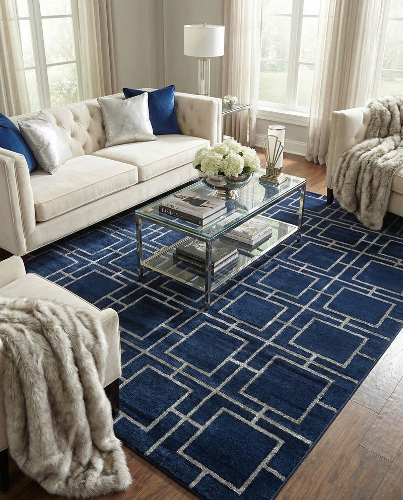 Hollywood Luxe Collection Area Rug -  Beverly (Navy Blue Silver) Square Navy Blue Silver  lifestyle 34