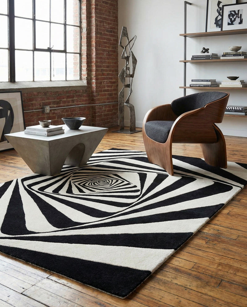 Cyclone Wool Collection Area Rug -  Twister Rectangle Black and White  lifestyle 11