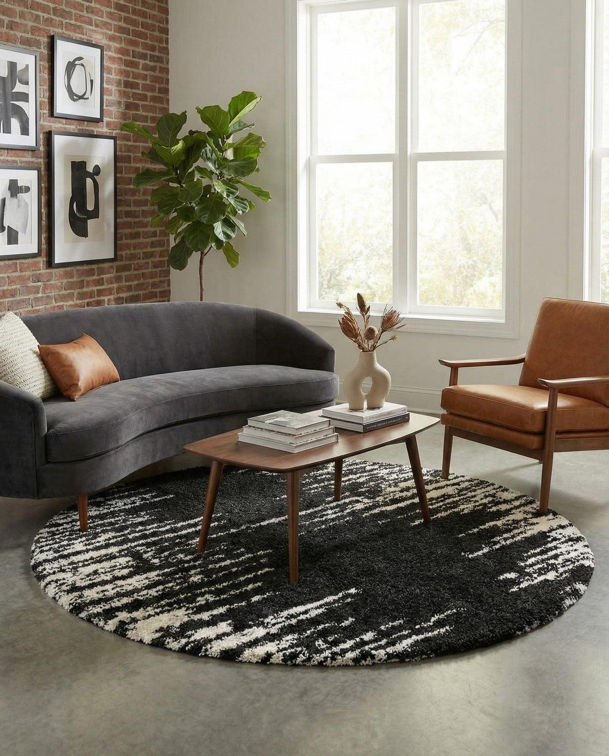 Tranquil Tides Shag Collection Area Rug - Marina Round Black and White  lifestyle 184