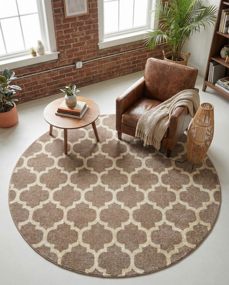 Lattice Gardens Collection Area Rug -  Bloomfield (Light Brown) Round Light Brown  lifestyle 63