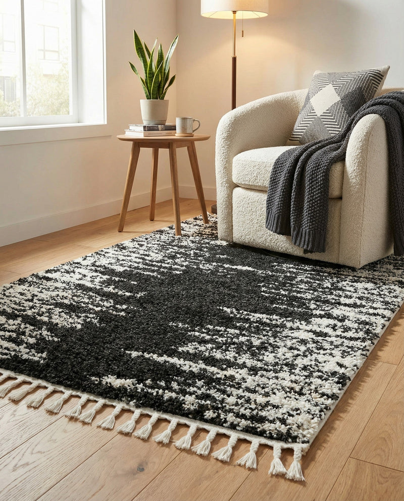 Tranquil Tides Shag Collection Area Rug - Marina Rectangle Black and White  lifestyle 48