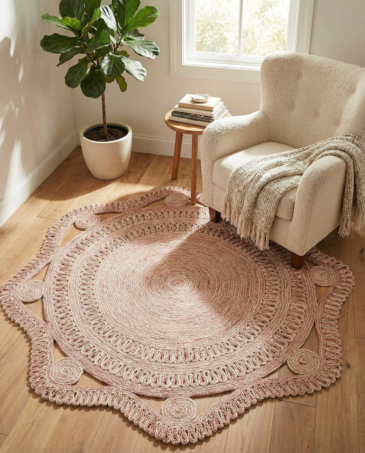 Woven Seaside Jute Collection Area Rug - Nantucket Round Pink and White  lifestyle 85