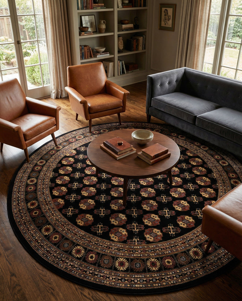 Samarkand Elegance Collection Area Rug -  Margilan (Black) Round Black  lifestyle 75