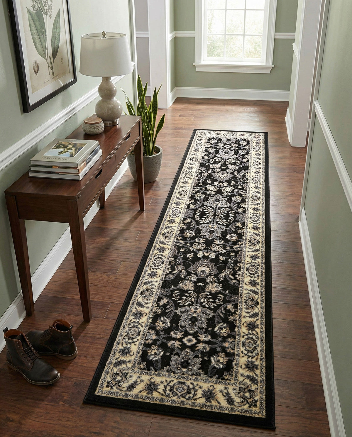 Isfahan Elegance Collection Area Rug - Naghsh-e Jahan (Black) Runner Black  lifestyle 121