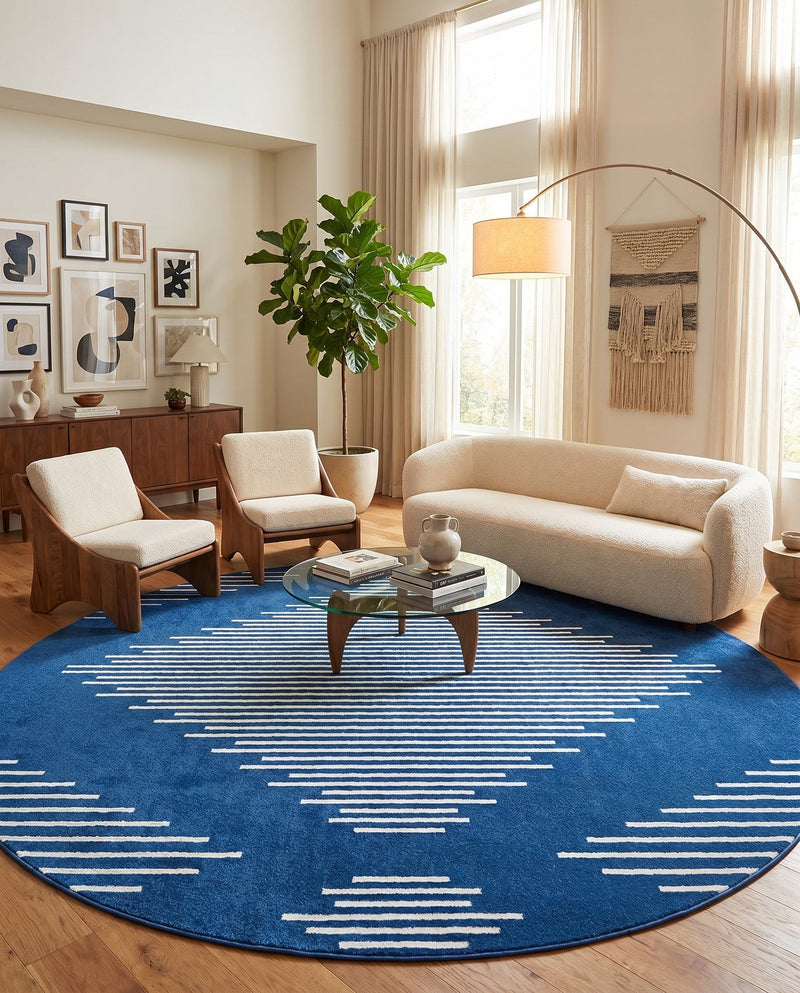 Seychelles Stripes Collection Area Rug - Mahe (Navy Blue) Round Navy Blue  lifestyle 36