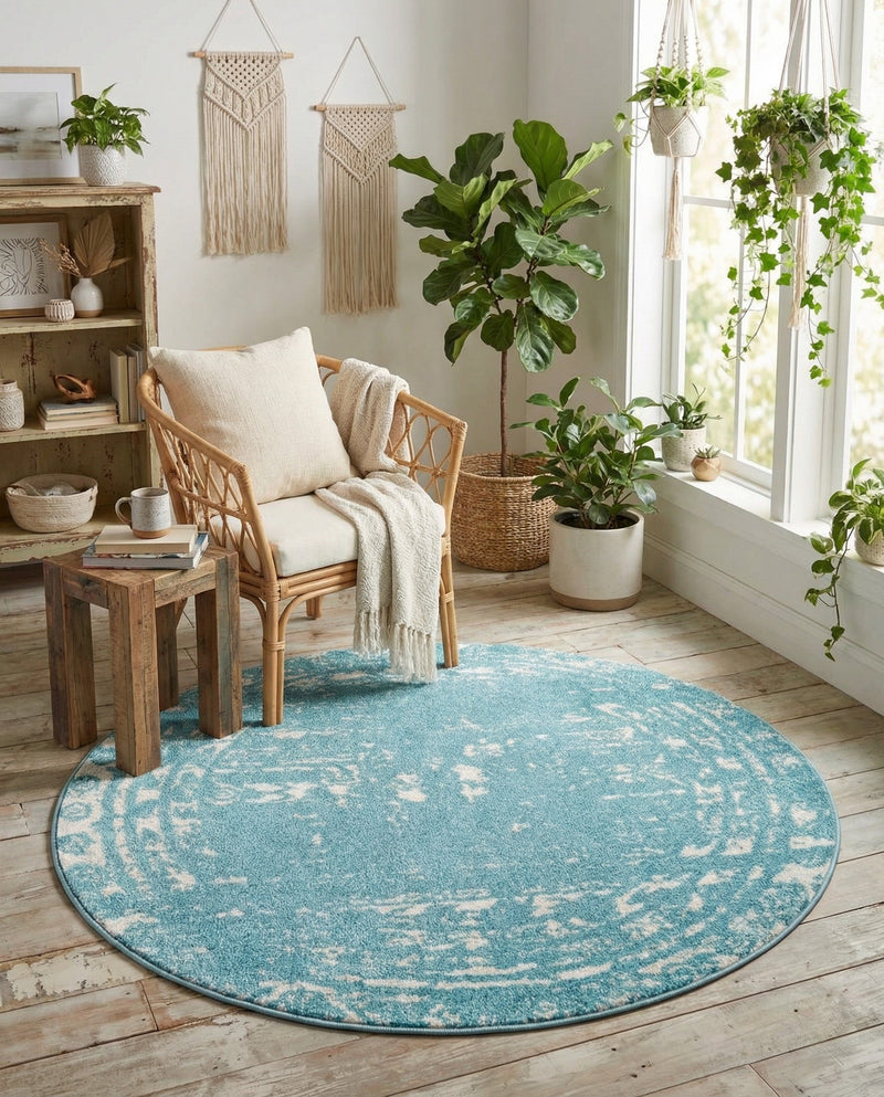Brighton Stripes Collection Area Rug - Sussex (Light Blue) Round Light Blue  lifestyle 55