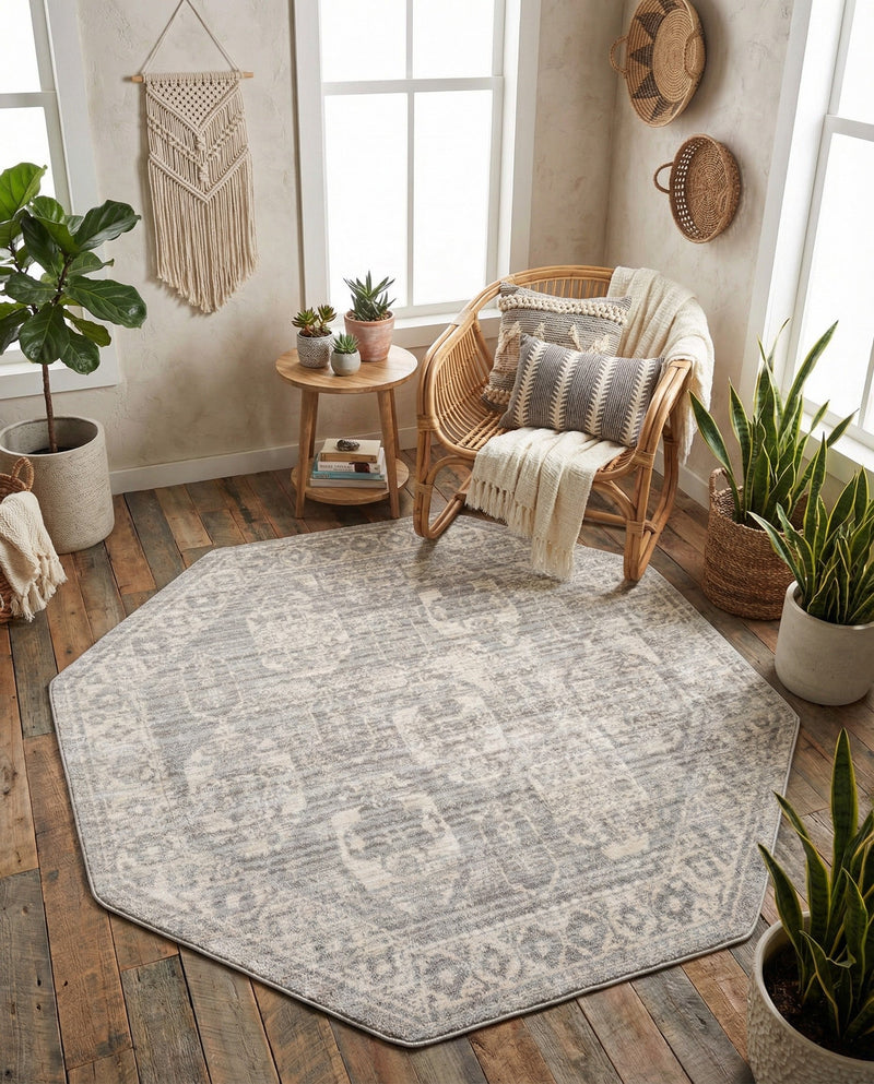 Seville Stripes Collection Area Rug -  Granada (Gray) Octagon Gray  lifestyle 74