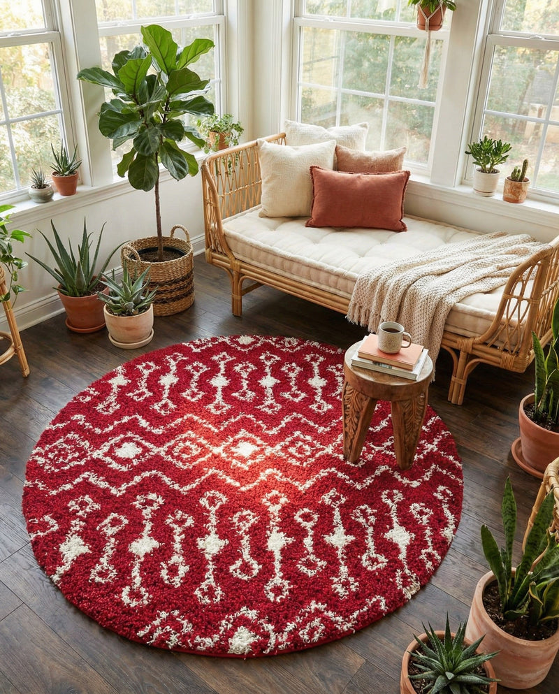 Berber Lattice Shag Collection Area Rug - Atlas (Burgundy Red) Round Burgundy Red  lifestyle 53