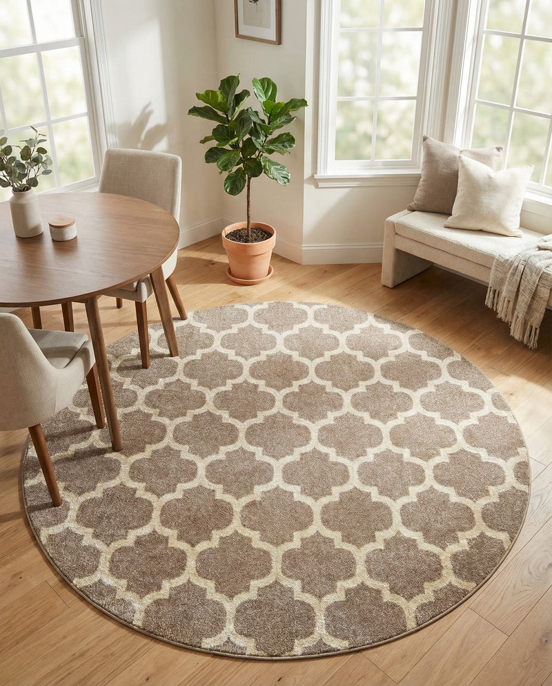 Lattice Gardens Collection Area Rug -  Bloomfield (Light Brown) Round Light Brown  lifestyle 64