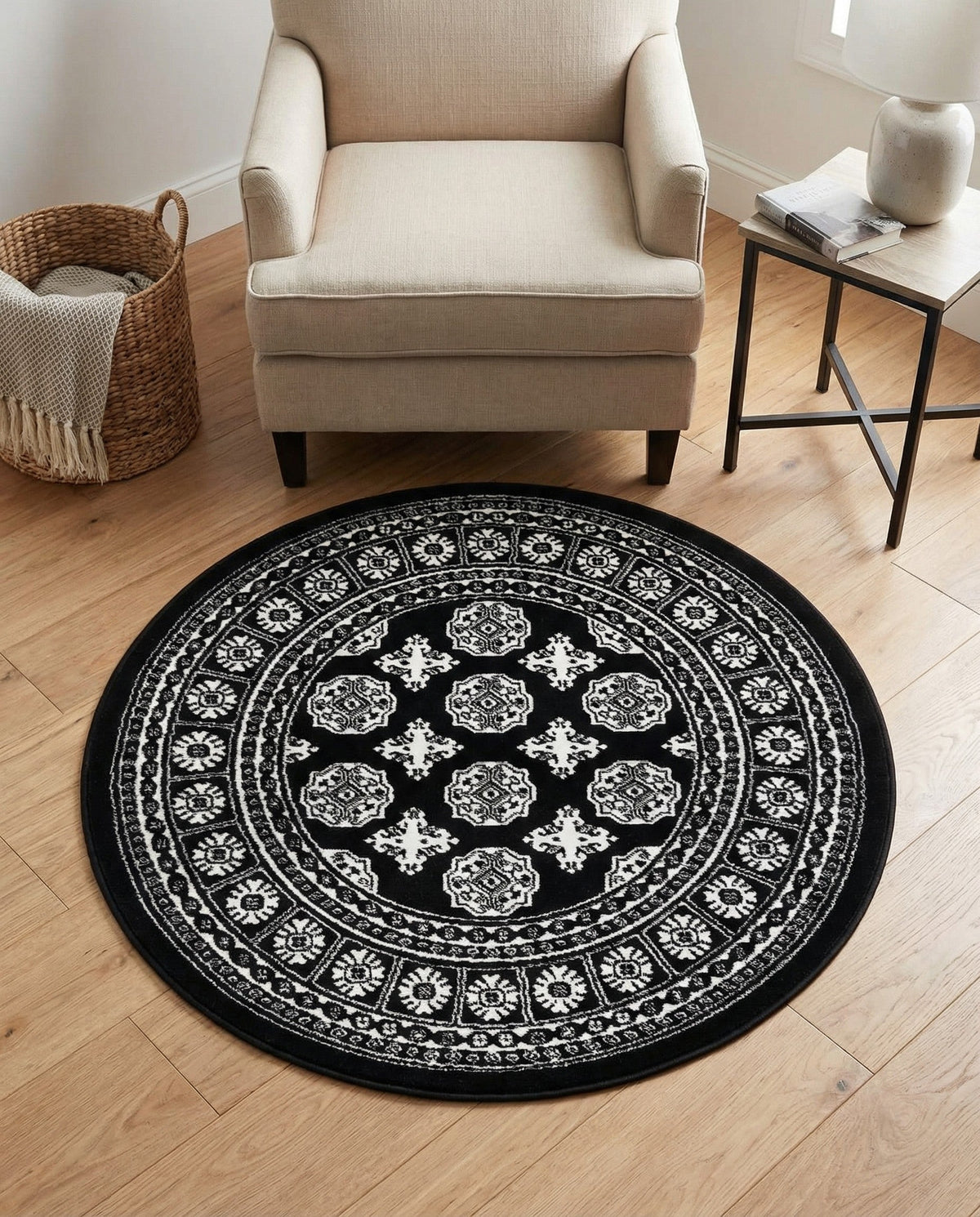 Samarkand Elegance Collection Area Rug -  Margilan (Black and White) Round Black and White  lifestyle 94