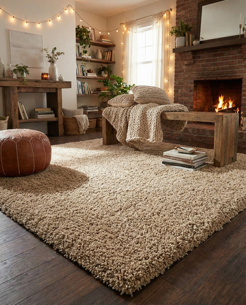 Cozy Comfort Shag Collection Area Rug - Haven (Khaki) Square Khaki  lifestyle 64