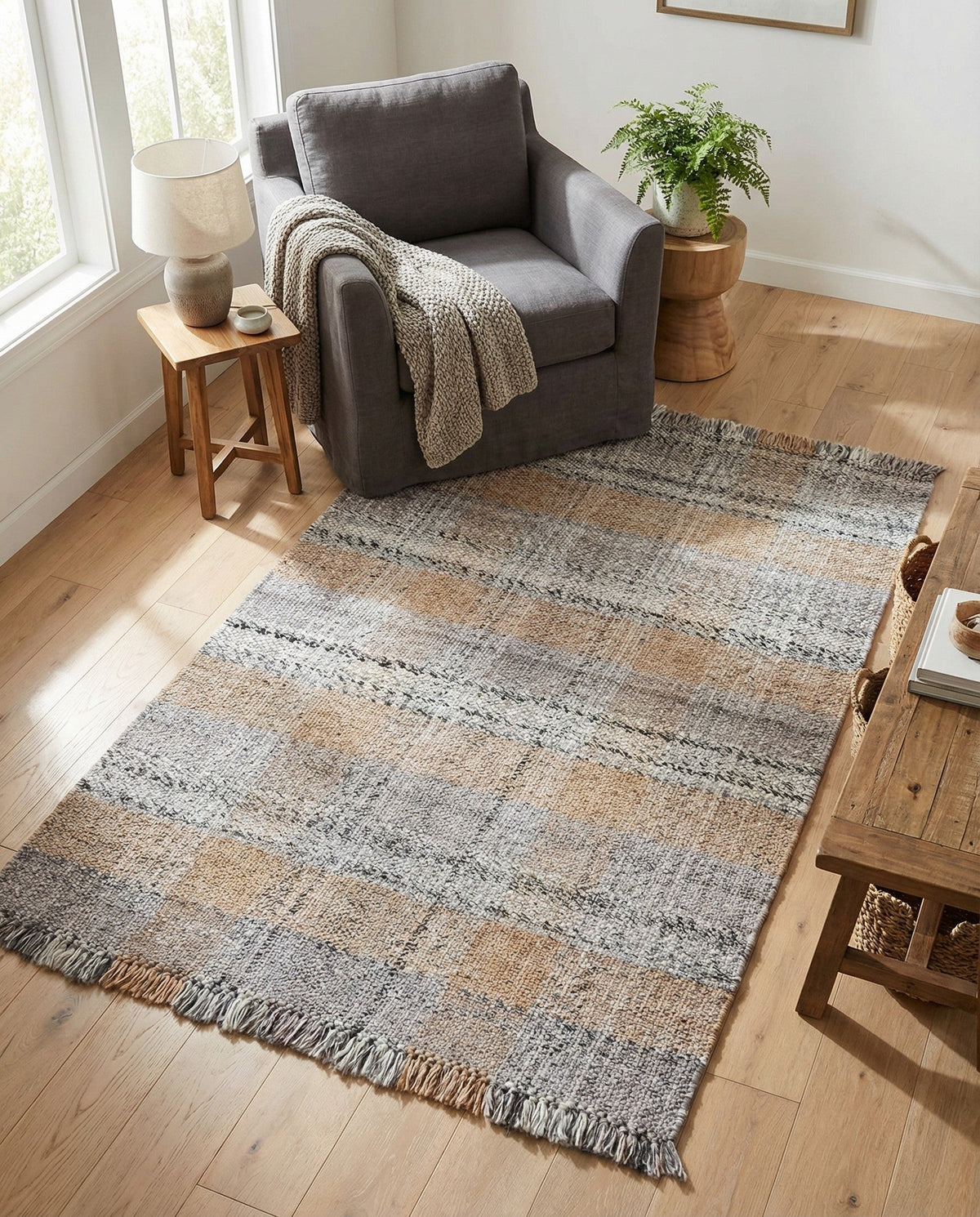 Sustainable Grid Indoor-Outdoor Oasis Collection Area Rug - Savannah Rectangle Desert Gray  lifestyle 85