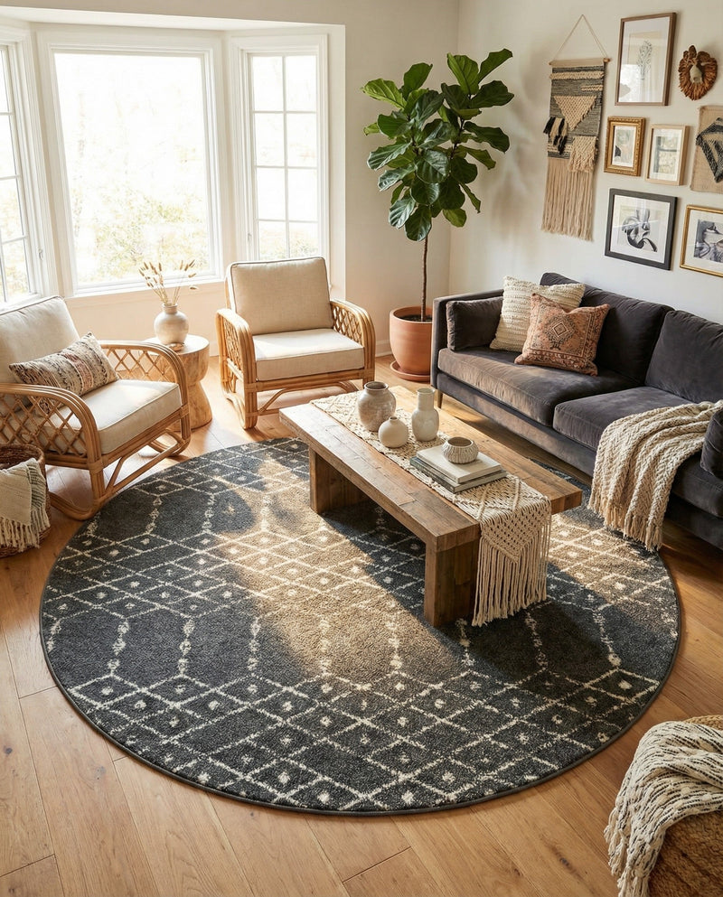 Marrakesh Lattice Collection Area Rug - Casablanca (Charcoal Gray) Round Charcoal Gray  lifestyle 35