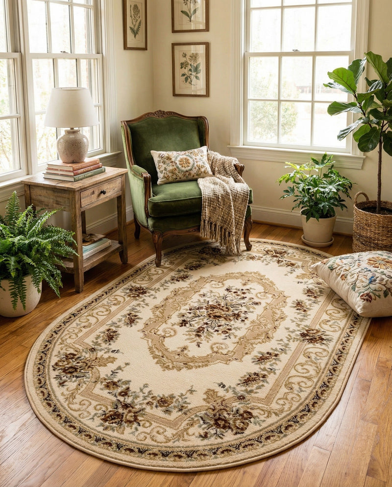 Versailles Elegance Collection Area Rug -  Louveciennes (Cream) Oval Cream  lifestyle 90