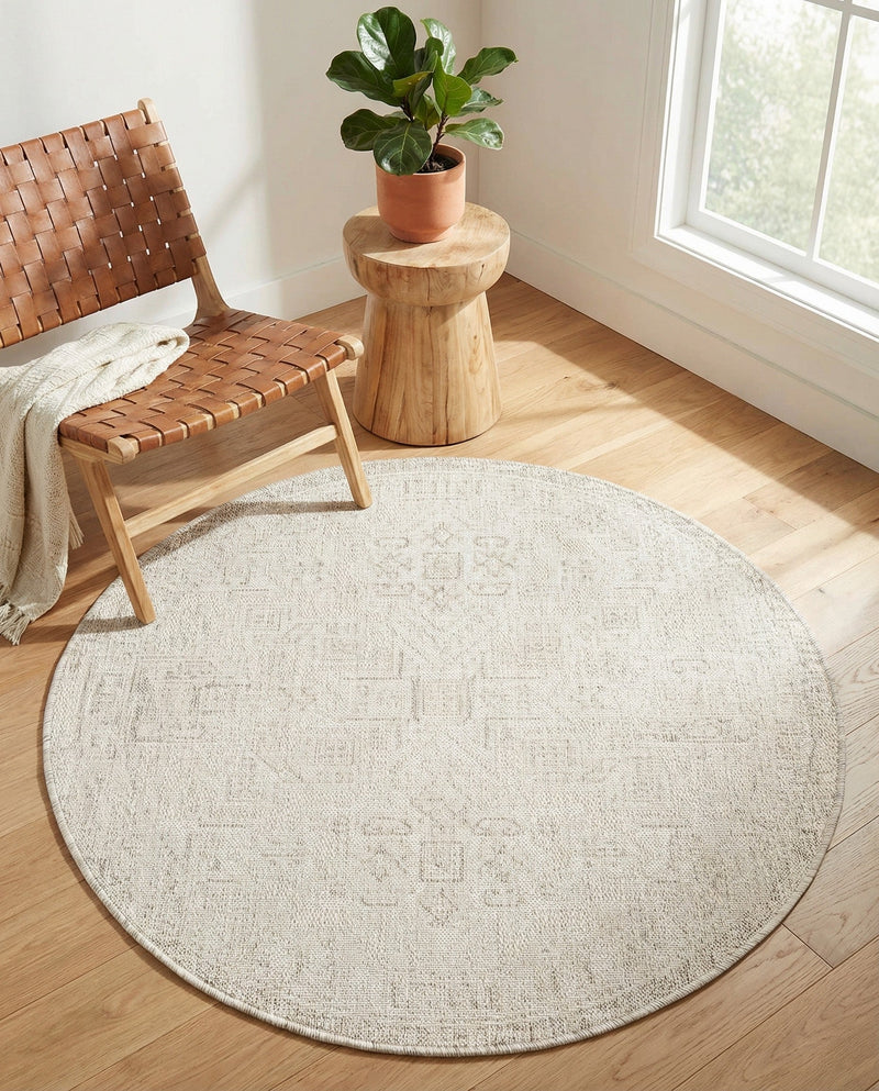 Tribal Terrace Treasures Collection Area Rug - Mayan Marina (Light Gray) Round Light Gray  lifestyle 28