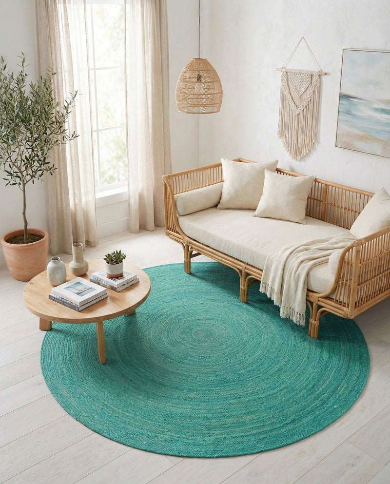 Woven Seaside Jute Collection Area Rug - Savannah (Turquoise) Round Turquoise  lifestyle 60