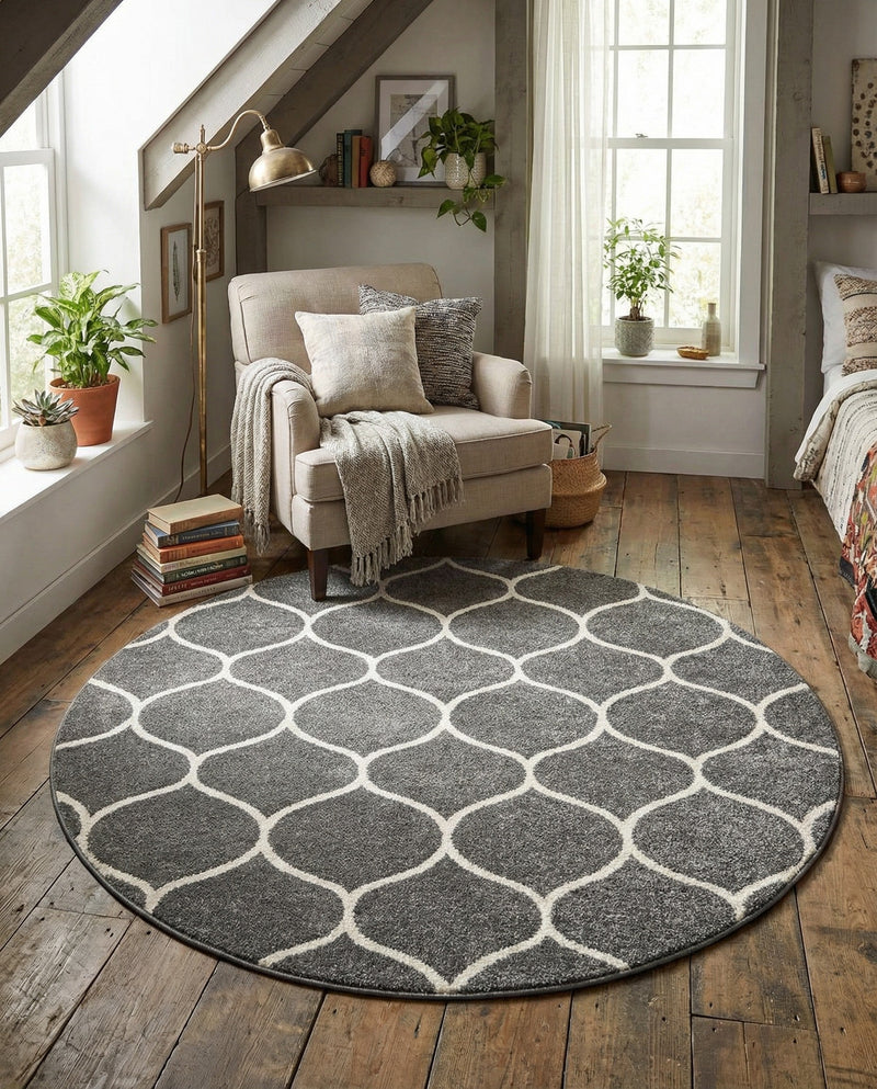 Trellis Mosaic Collection Area Rug -  Pergolatown (Dark Gray) Round Dark Gray  lifestyle 71